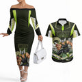 Personalised Sydney Thunder Cricket Mascot Skyline Couples Matching Off The Shoulder Long Sleeve Dress and Hawaiian Shirt Retro Comic Style Fan Art Graphic