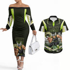 Personalised Sydney Thunder Cricket Mascot Skyline Couples Matching Off The Shoulder Long Sleeve Dress and Hawaiian Shirt Retro Comic Style Fan Art Graphic
