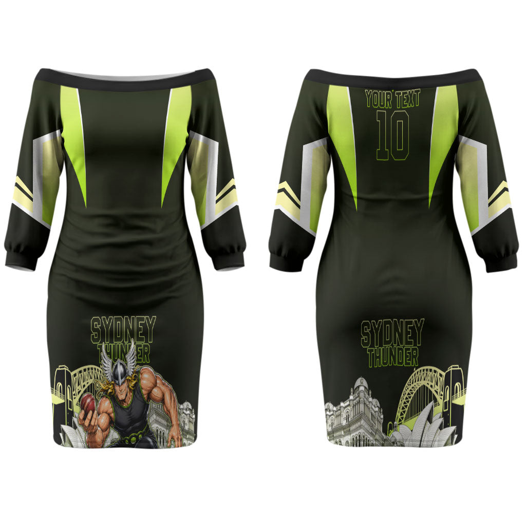 Personalised Sydney Thunder Cricket Mascot Skyline Couples Matching Off The Shoulder Long Sleeve Dress and Hawaiian Shirt Retro Comic Style Fan Art Graphic