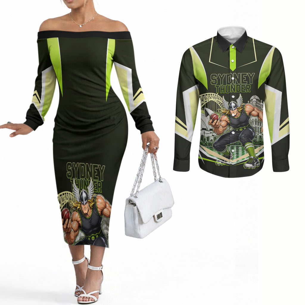 Personalised Sydney Thunder Cricket Mascot Skyline Couples Matching Off The Shoulder Long Sleeve Dress and Long Sleeve Button Shirt Retro Comic Style Fan Art Graphic