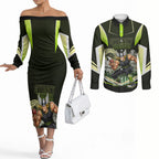 Personalised Sydney Thunder Cricket Mascot Skyline Couples Matching Off The Shoulder Long Sleeve Dress and Long Sleeve Button Shirt Retro Comic Style Fan Art Graphic