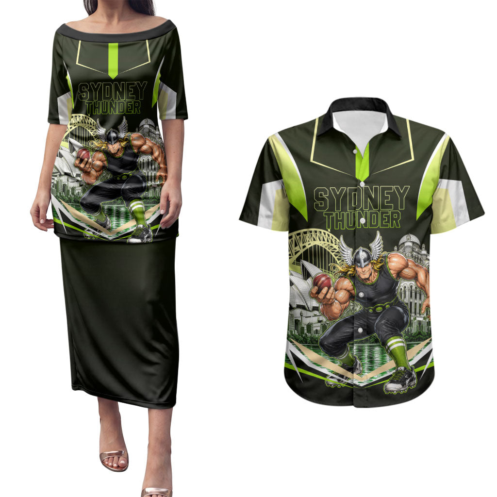 Personalised Sydney Thunder Cricket Mascot Skyline Couples Matching Puletasi and Hawaiian Shirt Retro Comic Style Fan Art Graphic