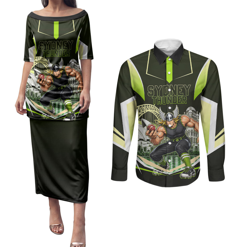 Personalised Sydney Thunder Cricket Mascot Skyline Couples Matching Puletasi and Long Sleeve Button Shirt Retro Comic Style Fan Art Graphic