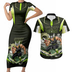 Personalised Sydney Thunder Cricket Mascot Skyline Couples Matching Short Sleeve Bodycon Dress and Hawaiian Shirt Retro Comic Style Fan Art Graphic