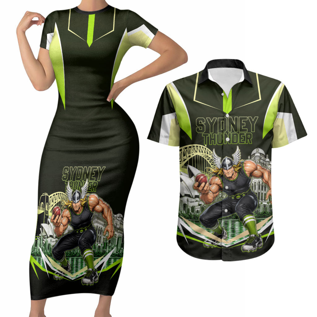 Personalised Sydney Thunder Cricket Mascot Skyline Couples Matching Short Sleeve Bodycon Dress and Hawaiian Shirt Retro Comic Style Fan Art Graphic