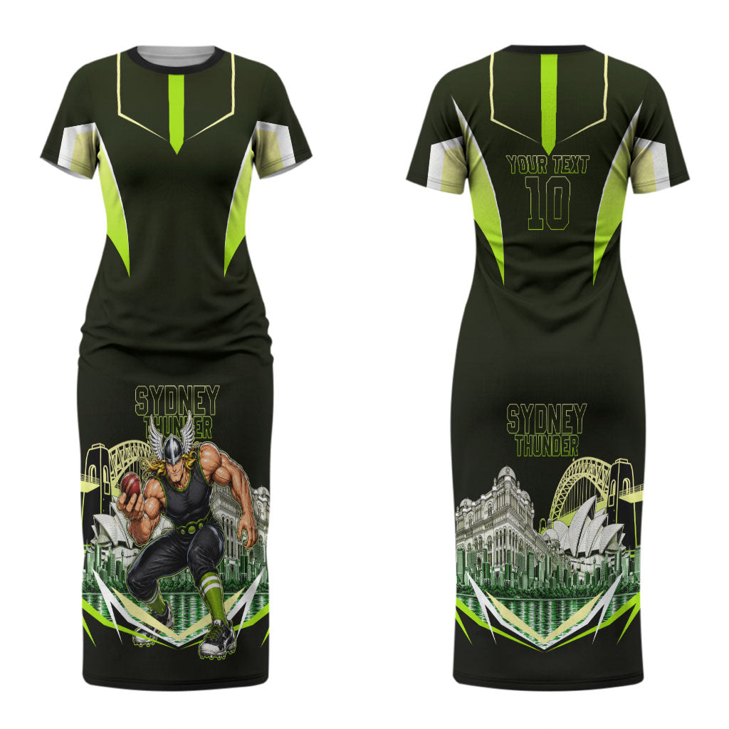 Personalised Sydney Thunder Cricket Mascot Skyline Couples Matching Short Sleeve Bodycon Dress and Hawaiian Shirt Retro Comic Style Fan Art Graphic