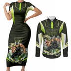 Personalised Sydney Thunder Cricket Mascot Skyline Couples Matching Short Sleeve Bodycon Dress and Long Sleeve Button Shirt Retro Comic Style Fan Art Graphic
