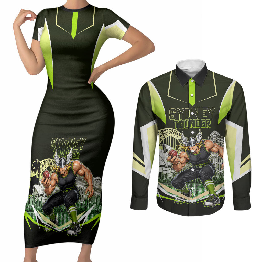 Personalised Sydney Thunder Cricket Mascot Skyline Couples Matching Short Sleeve Bodycon Dress and Long Sleeve Button Shirt Retro Comic Style Fan Art Graphic