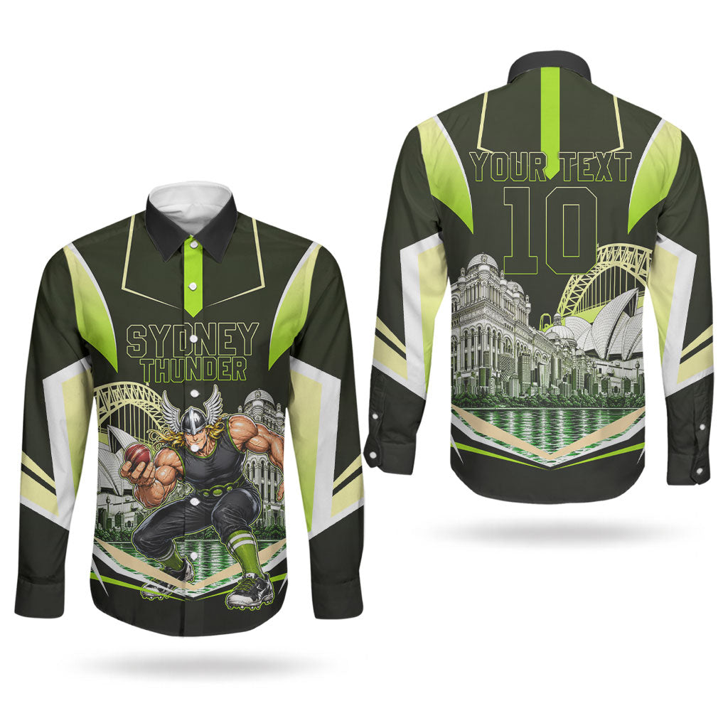 Personalised Sydney Thunder Cricket Mascot Skyline Couples Matching Short Sleeve Bodycon Dress and Long Sleeve Button Shirt Retro Comic Style Fan Art Graphic