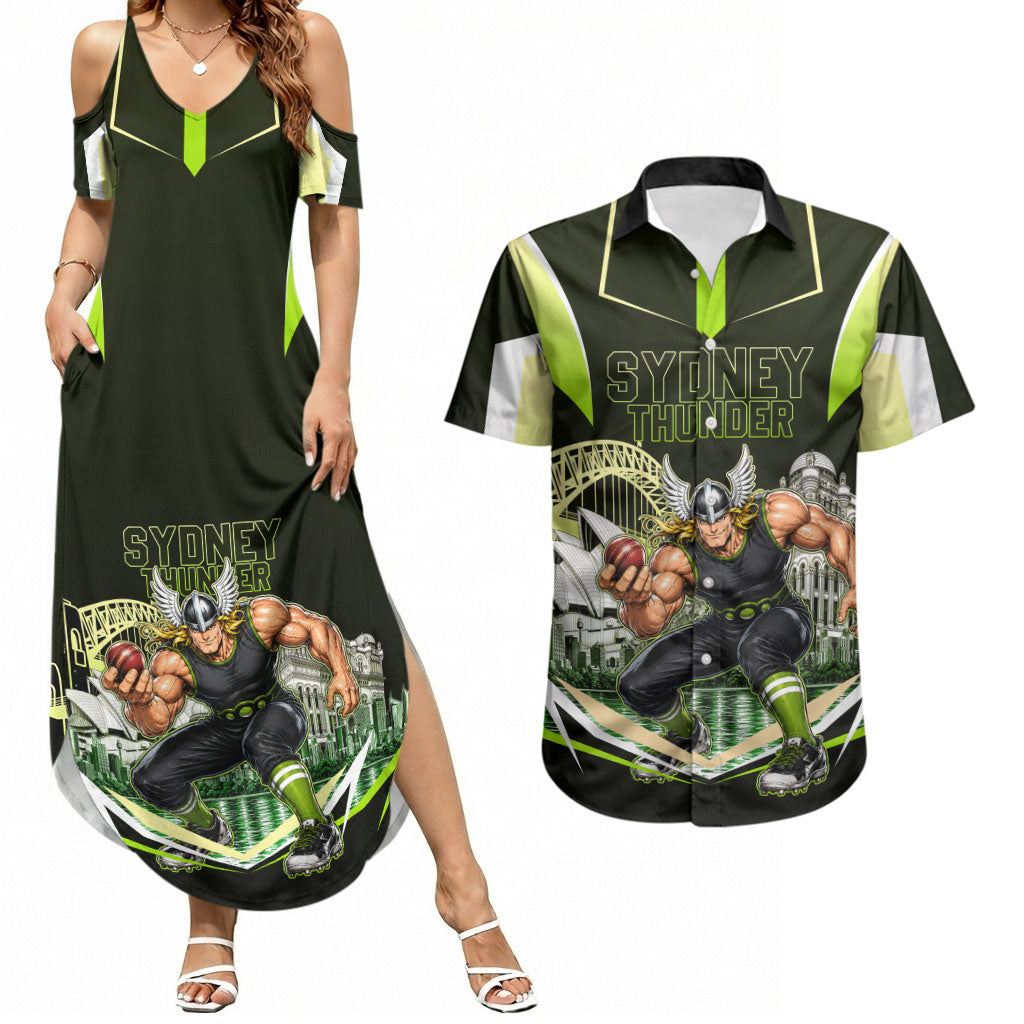 Personalised Sydney Thunder Cricket Mascot Skyline Couples Matching Summer Maxi Dress and Hawaiian Shirt Retro Comic Style Fan Art Graphic
