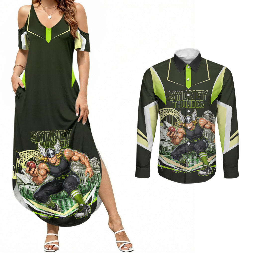 Personalised Sydney Thunder Cricket Mascot Skyline Couples Matching Summer Maxi Dress and Long Sleeve Button Shirt Retro Comic Style Fan Art Graphic