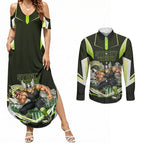 Personalised Sydney Thunder Cricket Mascot Skyline Couples Matching Summer Maxi Dress and Long Sleeve Button Shirt Retro Comic Style Fan Art Graphic