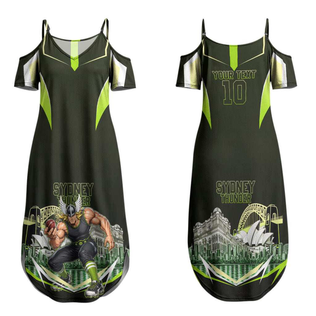 Personalised Sydney Thunder Cricket Mascot Skyline Couples Matching Summer Maxi Dress and Long Sleeve Button Shirt Retro Comic Style Fan Art Graphic