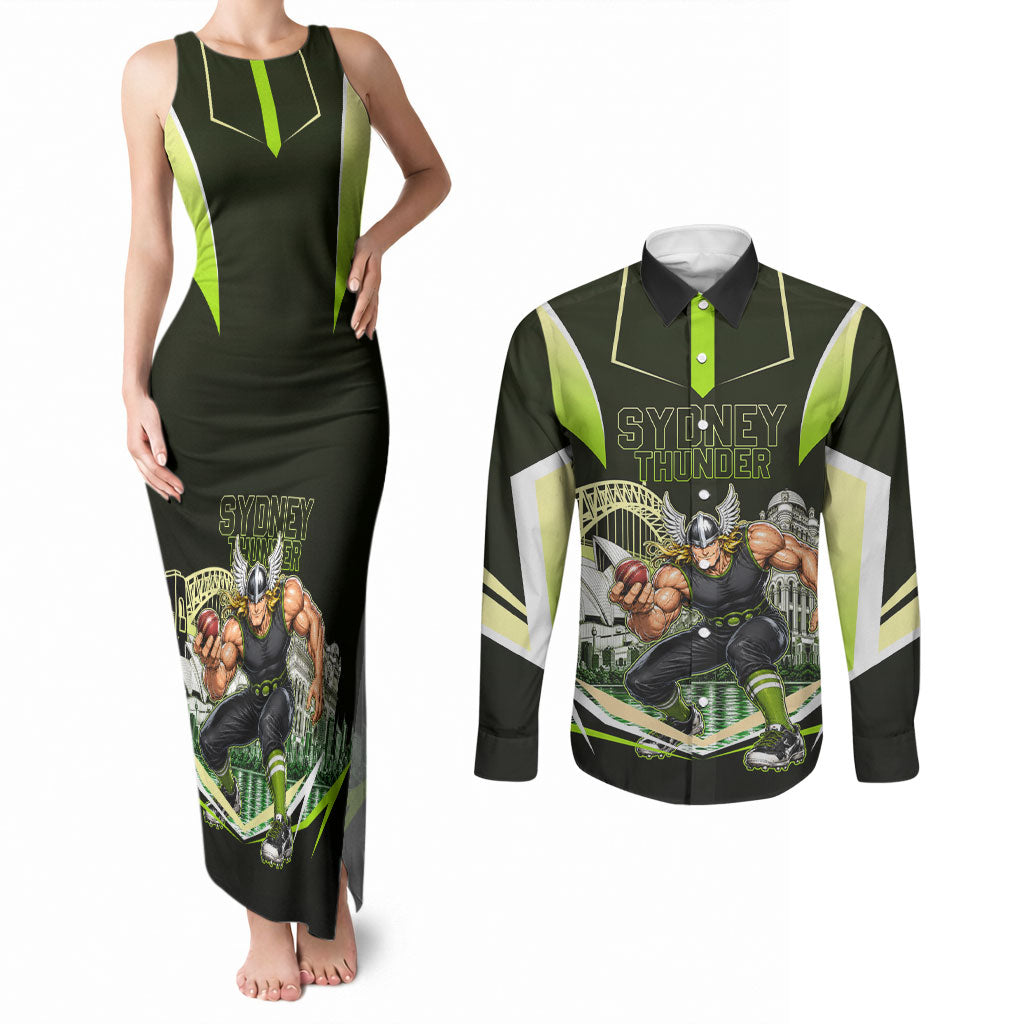 Personalised Sydney Thunder Cricket Mascot Skyline Couples Matching Tank Maxi Dress and Long Sleeve Button Shirt Retro Comic Style Fan Art Graphic