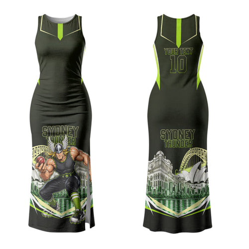 Personalised Sydney Thunder Cricket Mascot Skyline Couples Matching Tank Maxi Dress and Long Sleeve Button Shirt Retro Comic Style Fan Art Graphic