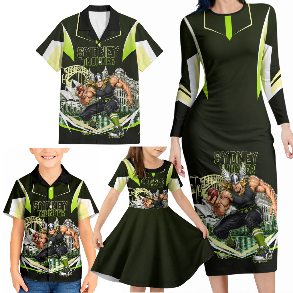 Personalised Sydney Thunder Cricket Mascot Skyline Family Matching Long Sleeve Bodycon Dress and Hawaiian Shirt Retro Comic Style Fan Art Graphic