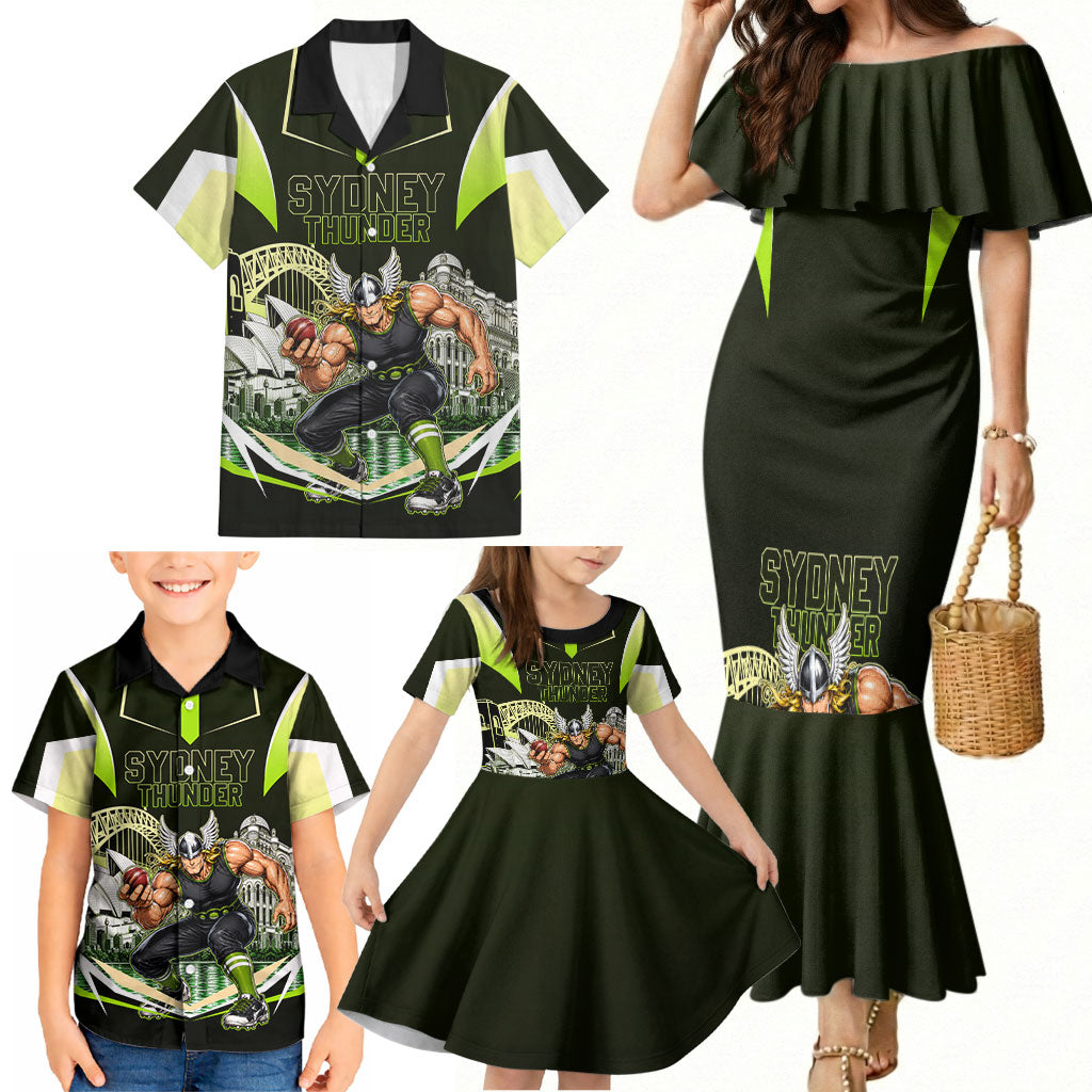 Personalised Sydney Thunder Cricket Mascot Skyline Family Matching Mermaid Dress and Hawaiian Shirt Retro Comic Style Fan Art Graphic