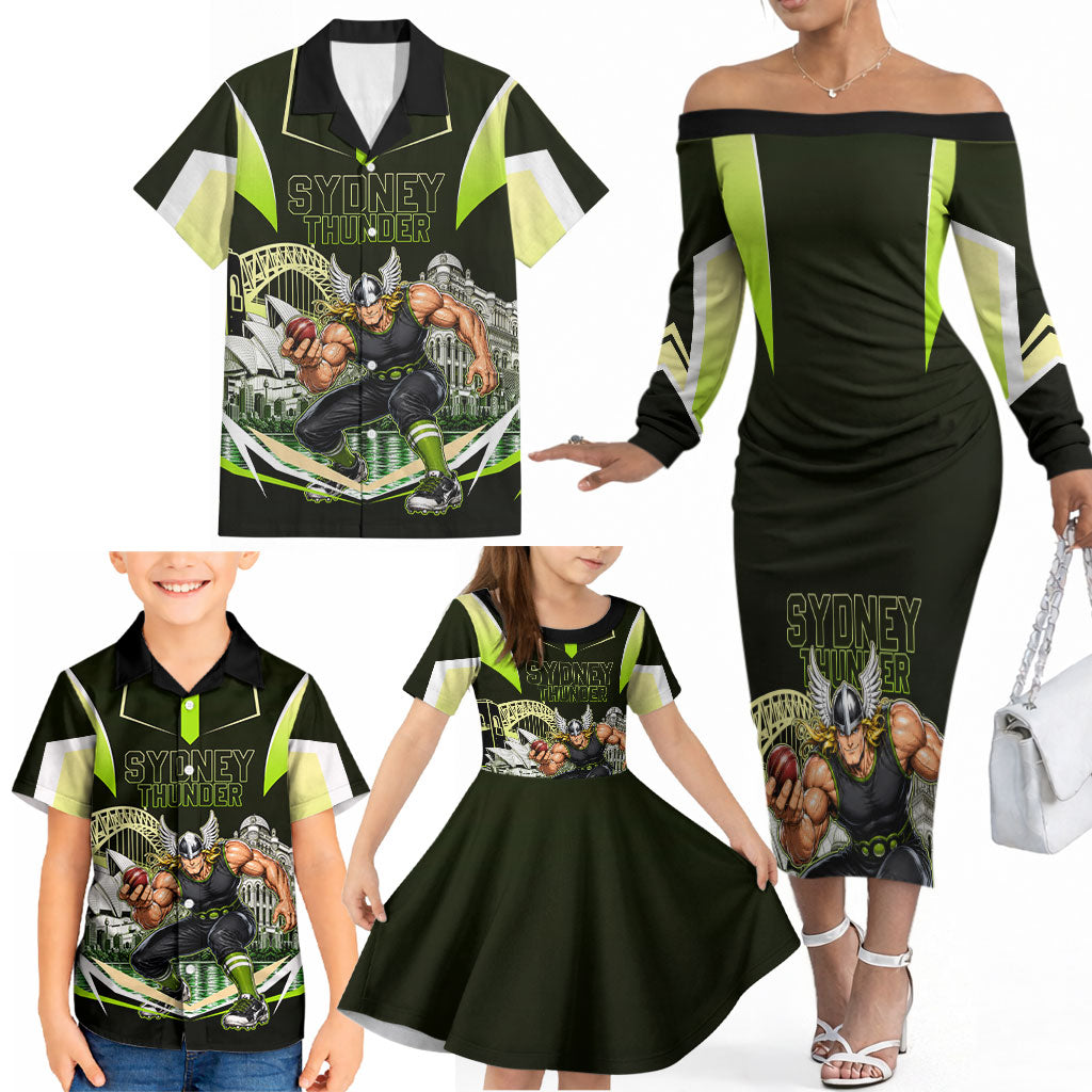 Personalised Sydney Thunder Cricket Mascot Skyline Family Matching Off The Shoulder Long Sleeve Dress and Hawaiian Shirt Retro Comic Style Fan Art Graphic