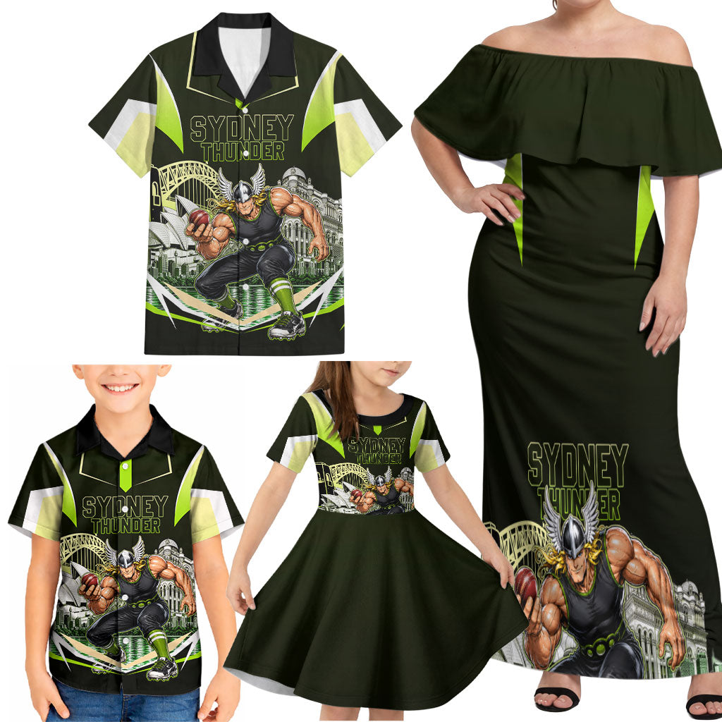 Personalised Sydney Thunder Cricket Mascot Skyline Family Matching Off Shoulder Maxi Dress and Hawaiian Shirt Retro Comic Style Fan Art Graphic