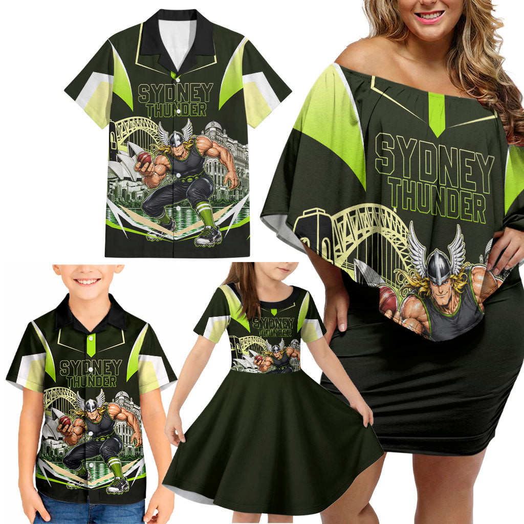 Personalised Sydney Thunder Cricket Mascot Skyline Family Matching Off Shoulder Short Dress and Hawaiian Shirt Retro Comic Style Fan Art Graphic