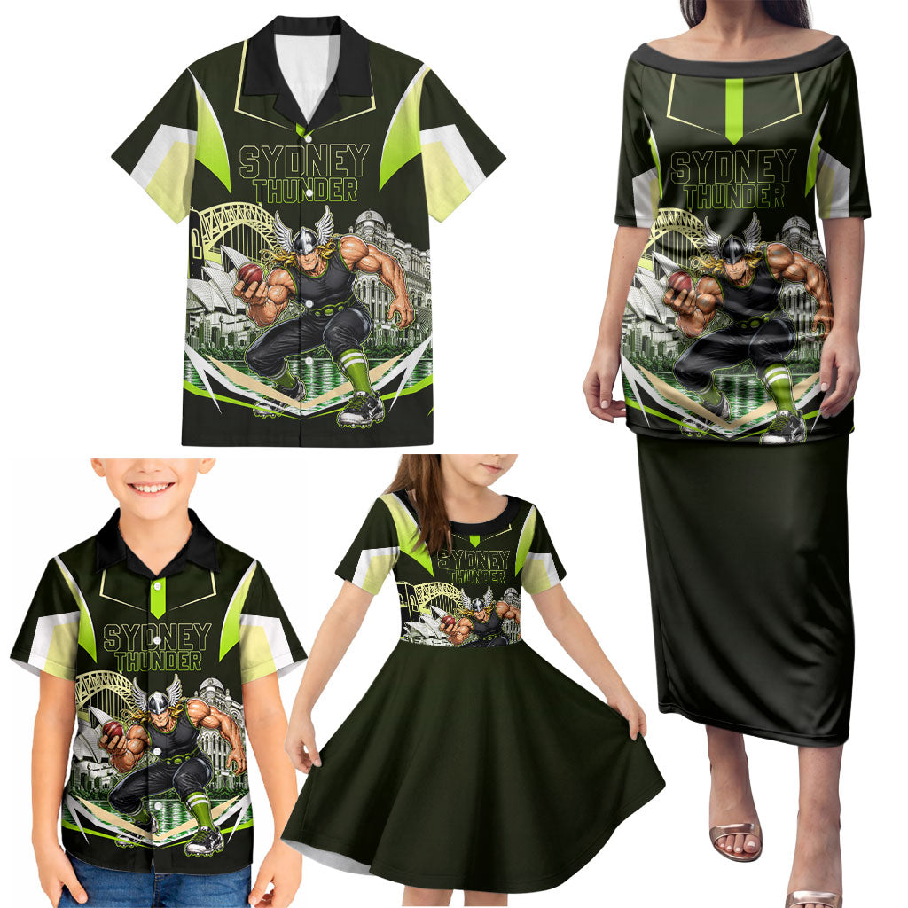 Personalised Sydney Thunder Cricket Mascot Skyline Family Matching Puletasi and Hawaiian Shirt Retro Comic Style Fan Art Graphic