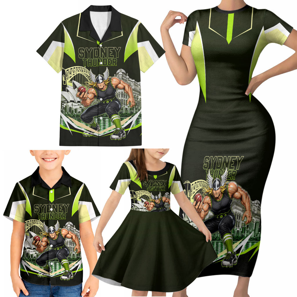 Personalised Sydney Thunder Cricket Mascot Skyline Family Matching Short Sleeve Bodycon Dress and Hawaiian Shirt Retro Comic Style Fan Art Graphic