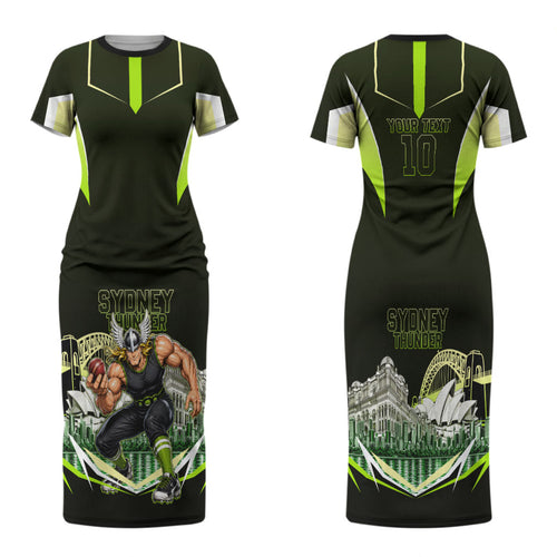 Personalised Sydney Thunder Cricket Mascot Skyline Family Matching Short Sleeve Bodycon Dress and Hawaiian Shirt Retro Comic Style Fan Art Graphic