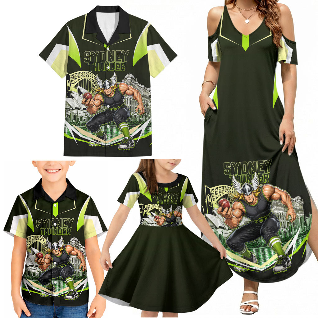 Personalised Sydney Thunder Cricket Mascot Skyline Family Matching Summer Maxi Dress and Hawaiian Shirt Retro Comic Style Fan Art Graphic