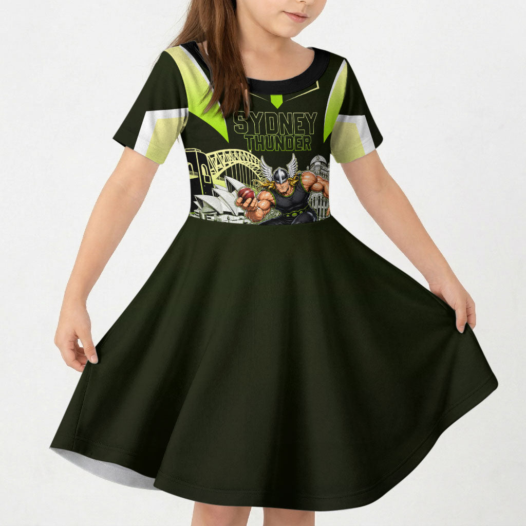 Personalised Sydney Thunder Cricket Mascot Skyline Kid Short Sleeve Dress Retro Comic Style Fan Art Graphic