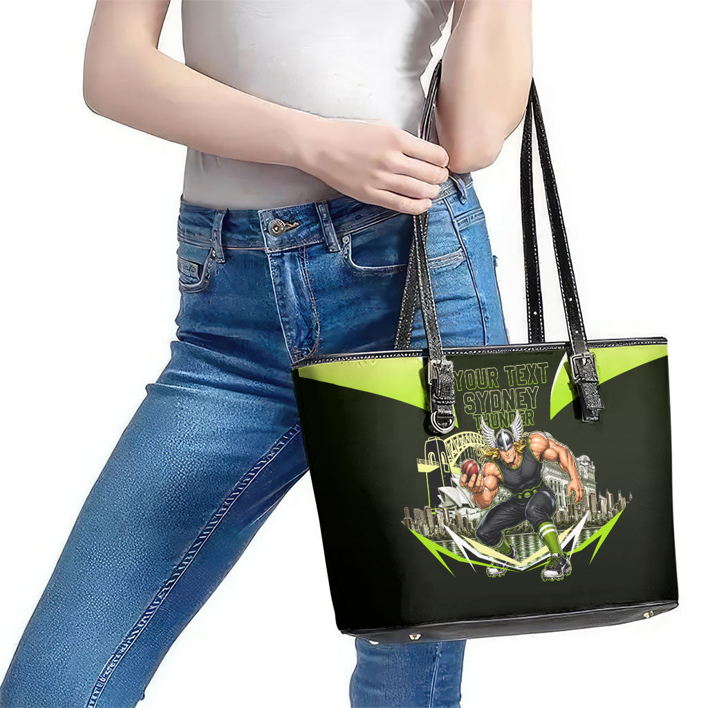Personalised Sydney Thunder Cricket Mascot Skyline Leather Tote Bag Retro Comic Style Fan Art Graphic