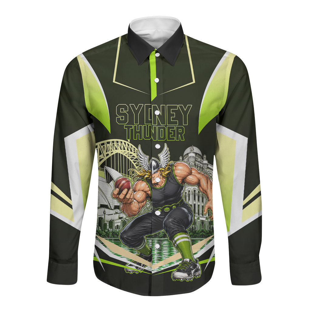 Personalised Sydney Thunder Cricket Mascot Skyline Long Sleeve Button Shirt Retro Comic Style Fan Art Graphic