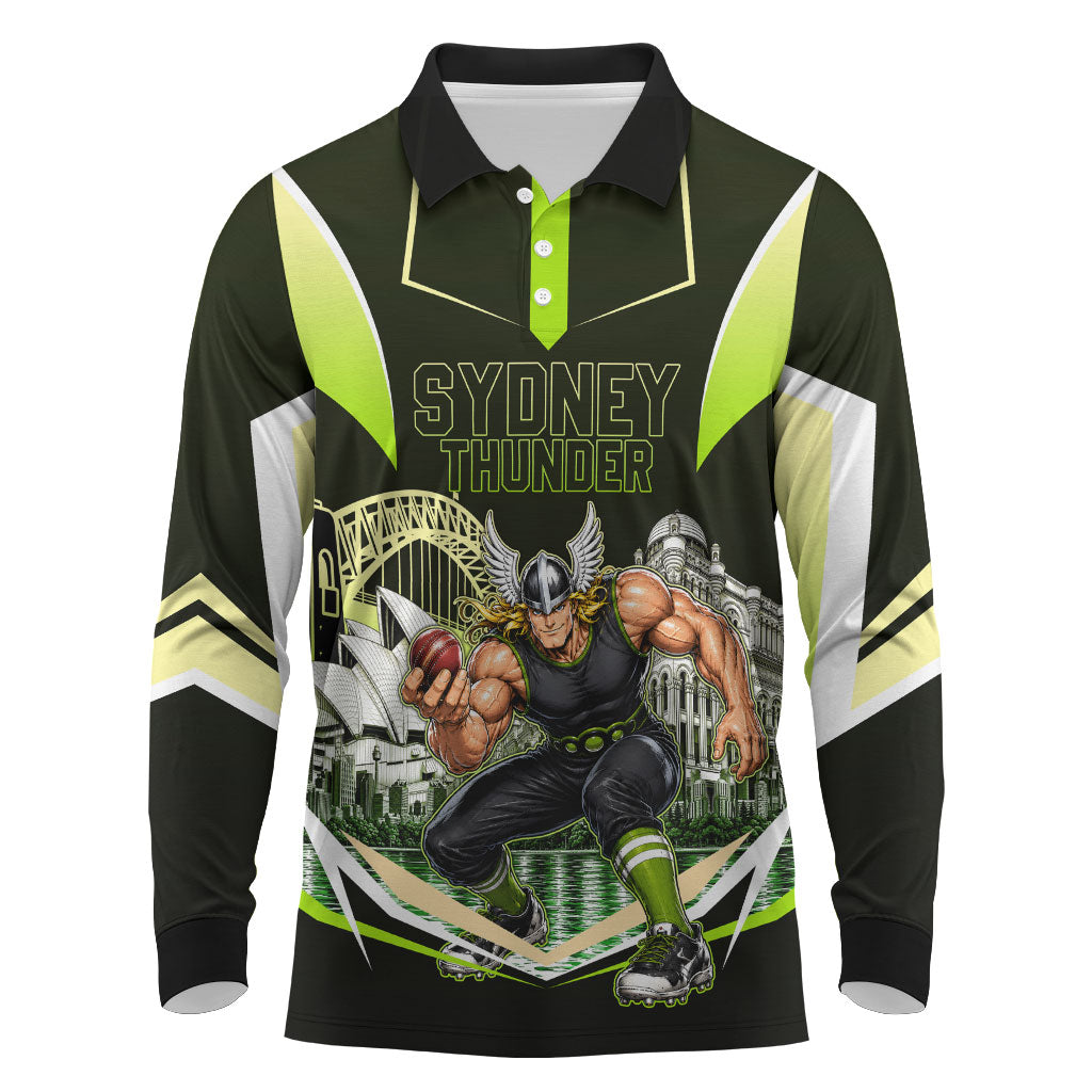 Personalised Sydney Thunder Cricket Mascot Skyline Long Sleeve Polo Shirt Retro Comic Style Fan Art Graphic