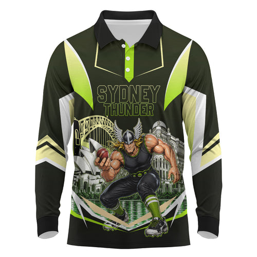 Personalised Sydney Thunder Cricket Mascot Skyline Long Sleeve Polo Shirt Retro Comic Style Fan Art Graphic