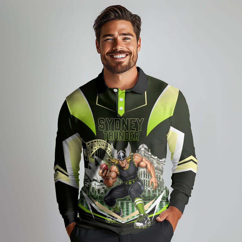 Personalised Sydney Thunder Cricket Mascot Skyline Long Sleeve Polo Shirt Retro Comic Style Fan Art Graphic