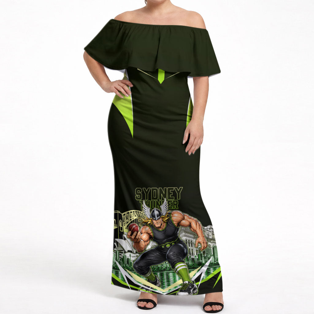 Personalised Sydney Thunder Cricket Mascot Skyline Off Shoulder Maxi Dress Retro Comic Style Fan Art Graphic