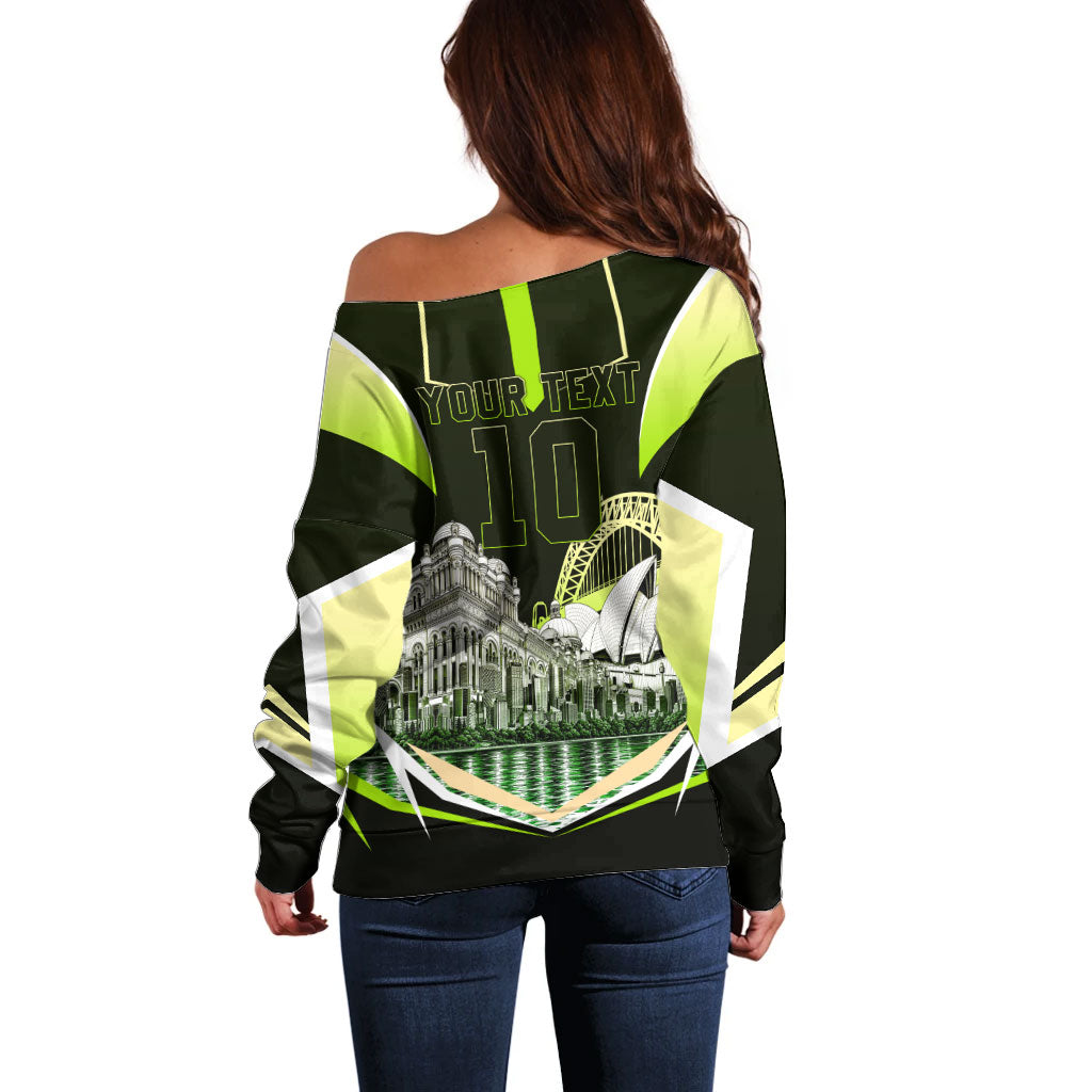 Personalised Sydney Thunder Cricket Mascot Skyline Off Shoulder Sweater Retro Comic Style Fan Art Graphic