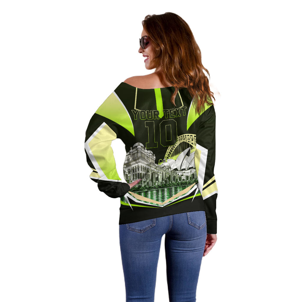 Personalised Sydney Thunder Cricket Mascot Skyline Off Shoulder Sweater Retro Comic Style Fan Art Graphic
