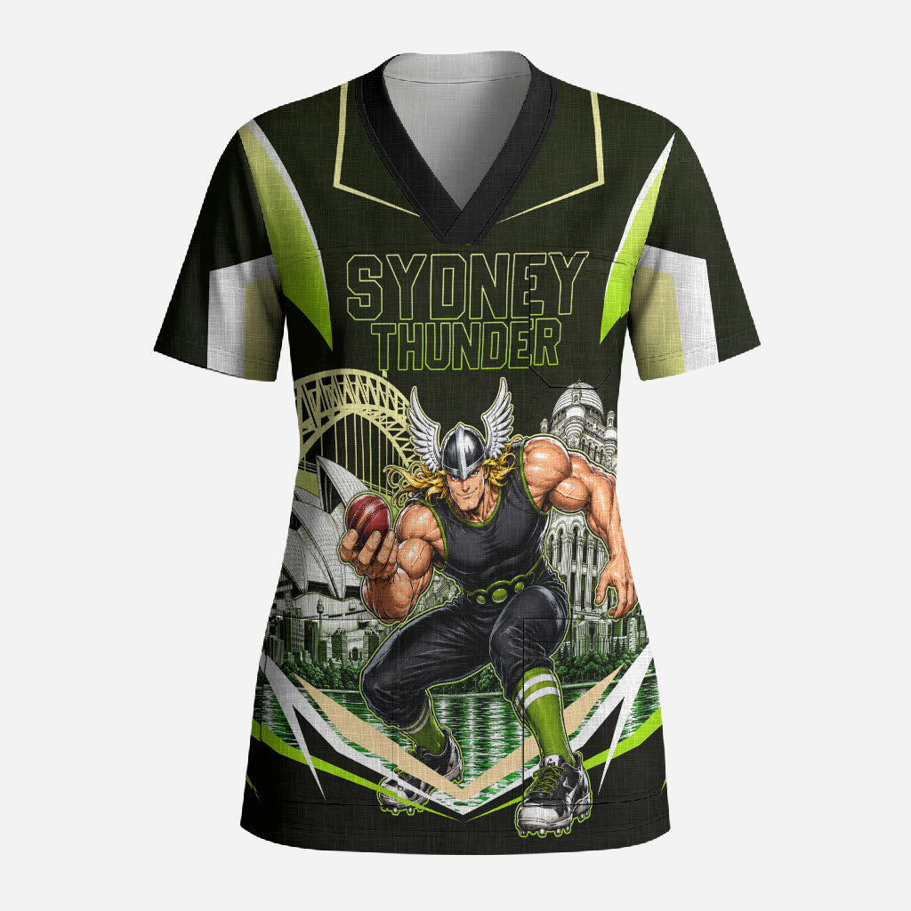 Personalised Sydney Thunder Cricket Mascot Skyline Scrub Top Retro Comic Style Fan Art Graphic