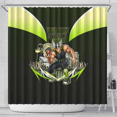 Personalised Sydney Thunder Cricket Mascot Skyline Shower Curtain Retro Comic Style Fan Art Graphic