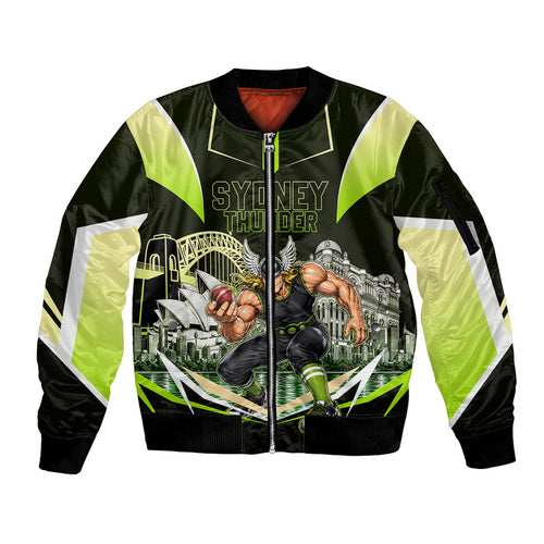 Personalised Sydney Thunder Cricket Mascot Skyline Sleeve Zip Bomber Jacket Retro Comic Style Fan Art Graphic