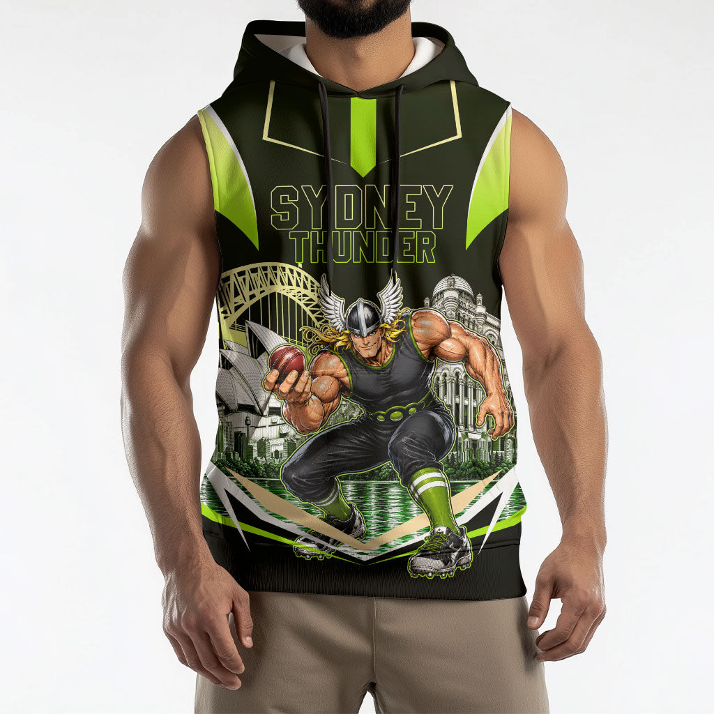 Personalised Sydney Thunder Cricket Mascot Skyline Sleeveless Hoodie Retro Comic Style Fan Art Graphic