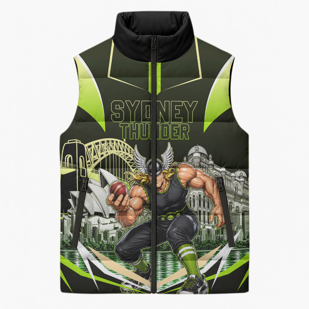 Personalised Sydney Thunder Cricket Mascot Skyline Sleeveless Puffer Jacket Retro Comic Style Fan Art Graphic
