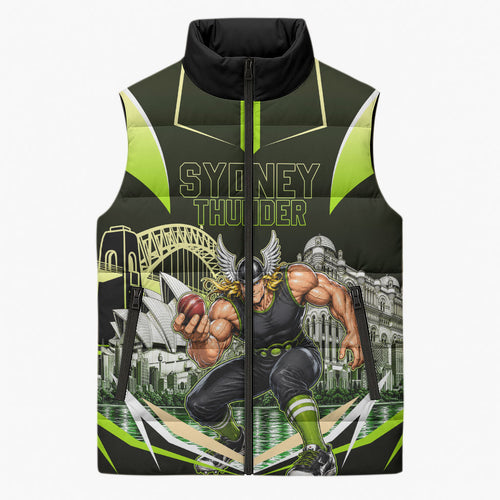 Personalised Sydney Thunder Cricket Mascot Skyline Sleeveless Puffer Jacket Retro Comic Style Fan Art Graphic