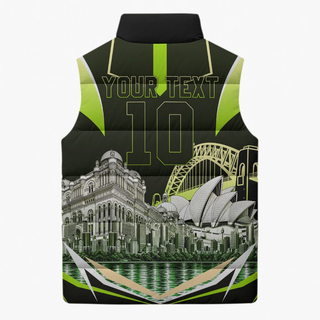 Personalised Sydney Thunder Cricket Mascot Skyline Sleeveless Puffer Jacket Retro Comic Style Fan Art Graphic