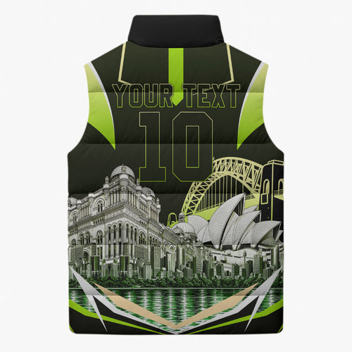 Personalised Sydney Thunder Cricket Mascot Skyline Sleeveless Puffer Jacket Retro Comic Style Fan Art Graphic