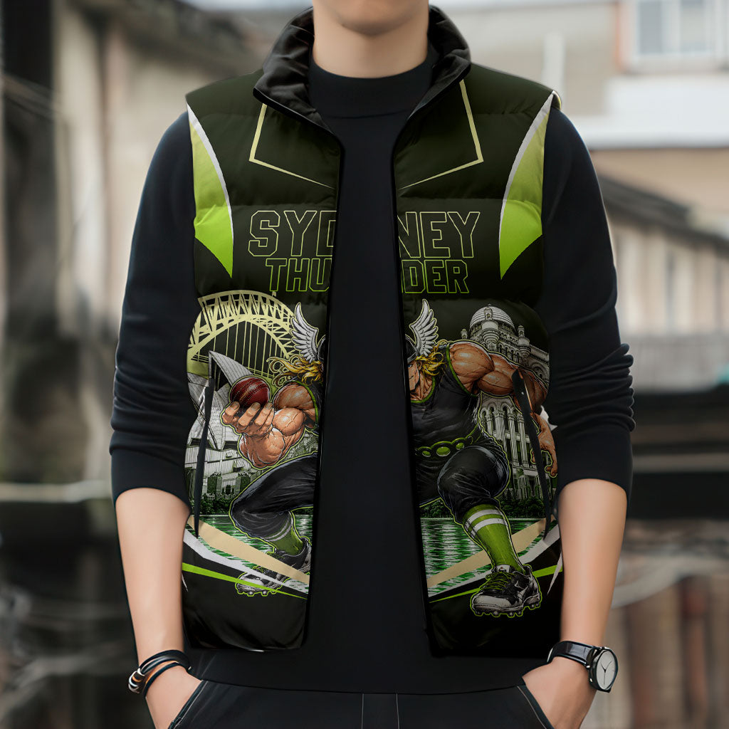 Personalised Sydney Thunder Cricket Mascot Skyline Sleeveless Puffer Jacket Retro Comic Style Fan Art Graphic