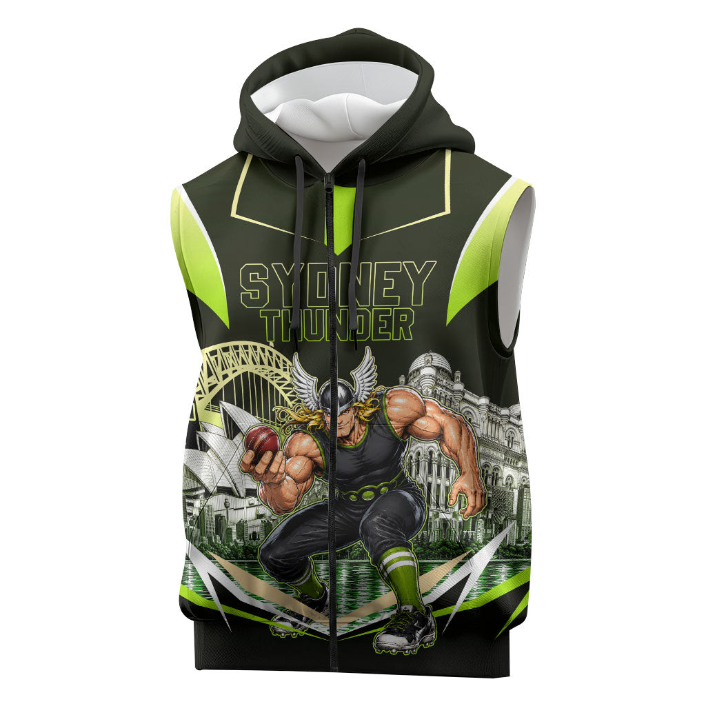 Personalised Sydney Thunder Cricket Mascot Skyline Sleeveless Zip Hoodie Retro Comic Style Fan Art Graphic