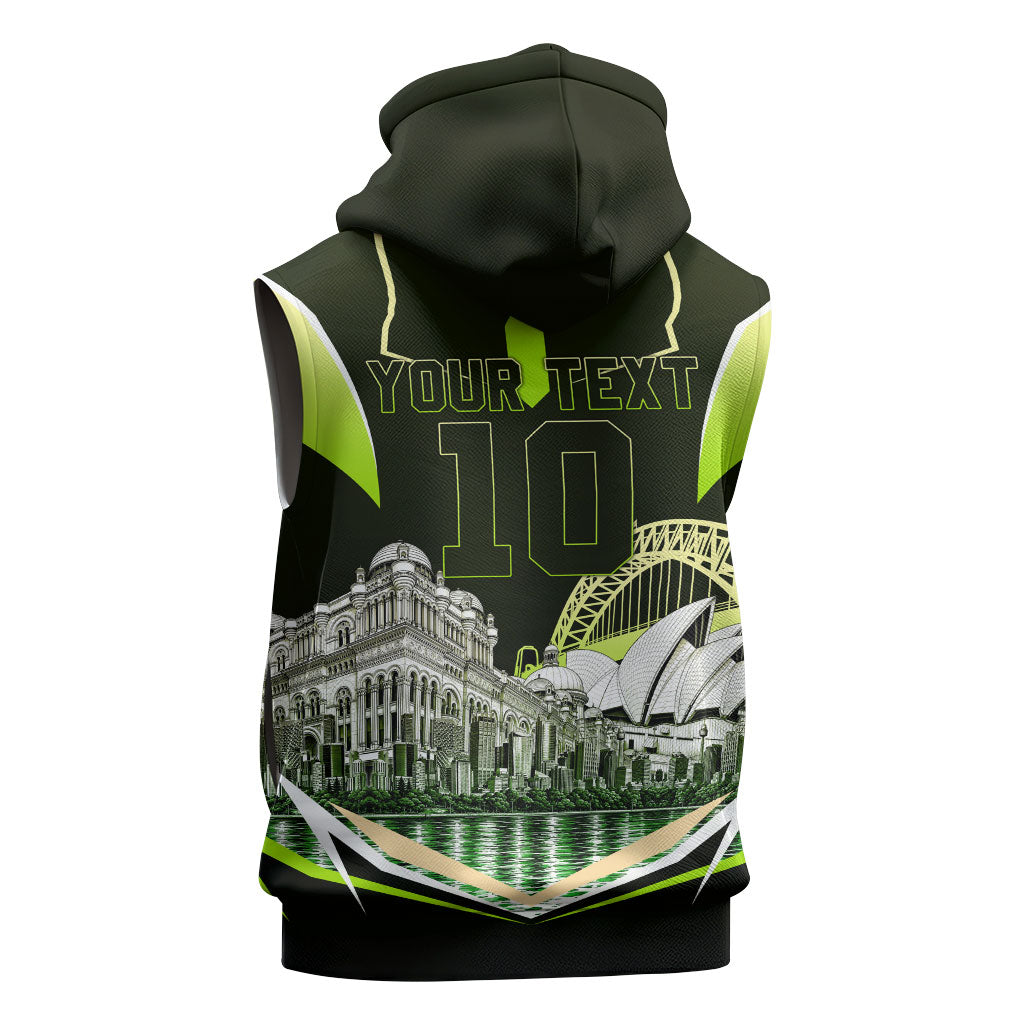Personalised Sydney Thunder Cricket Mascot Skyline Sleeveless Zip Hoodie Retro Comic Style Fan Art Graphic