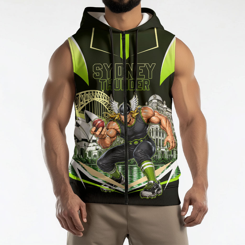 Personalised Sydney Thunder Cricket Mascot Skyline Sleeveless Zip Hoodie Retro Comic Style Fan Art Graphic