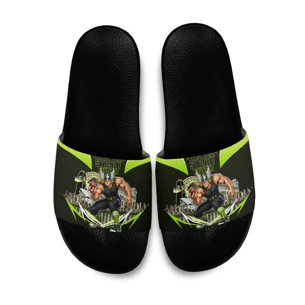 Personalised Sydney Thunder Cricket Mascot Skyline Slide Sandals Retro Comic Style Fan Art Graphic
